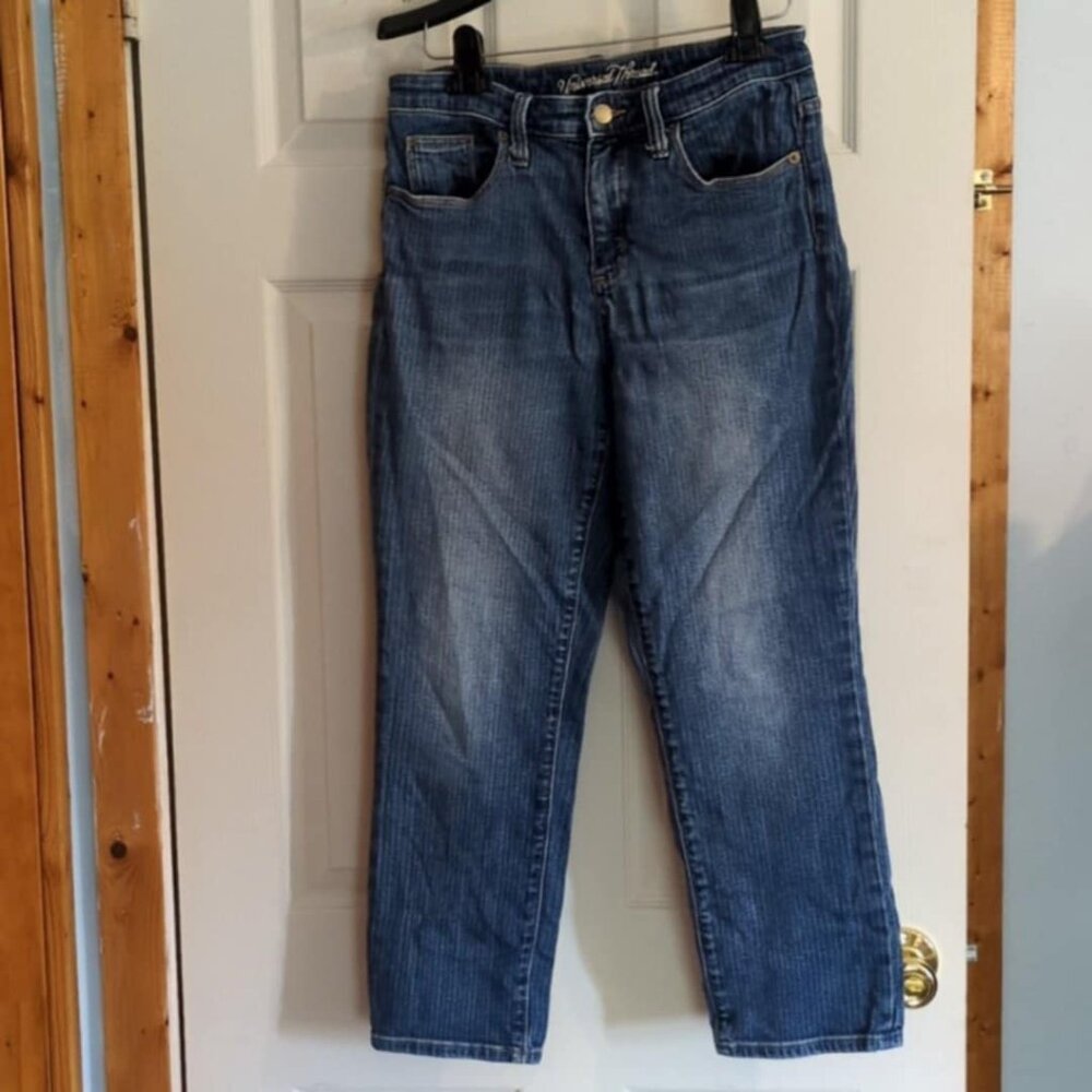 Universal Thread Jeans Sz 8 29 High Rise Straight Crop Pinstripe Blue Denim Amer